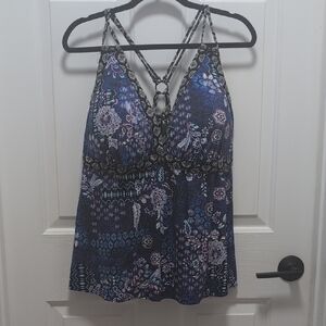 Floral Strappy Women's Top - Blue and Black Pnk2